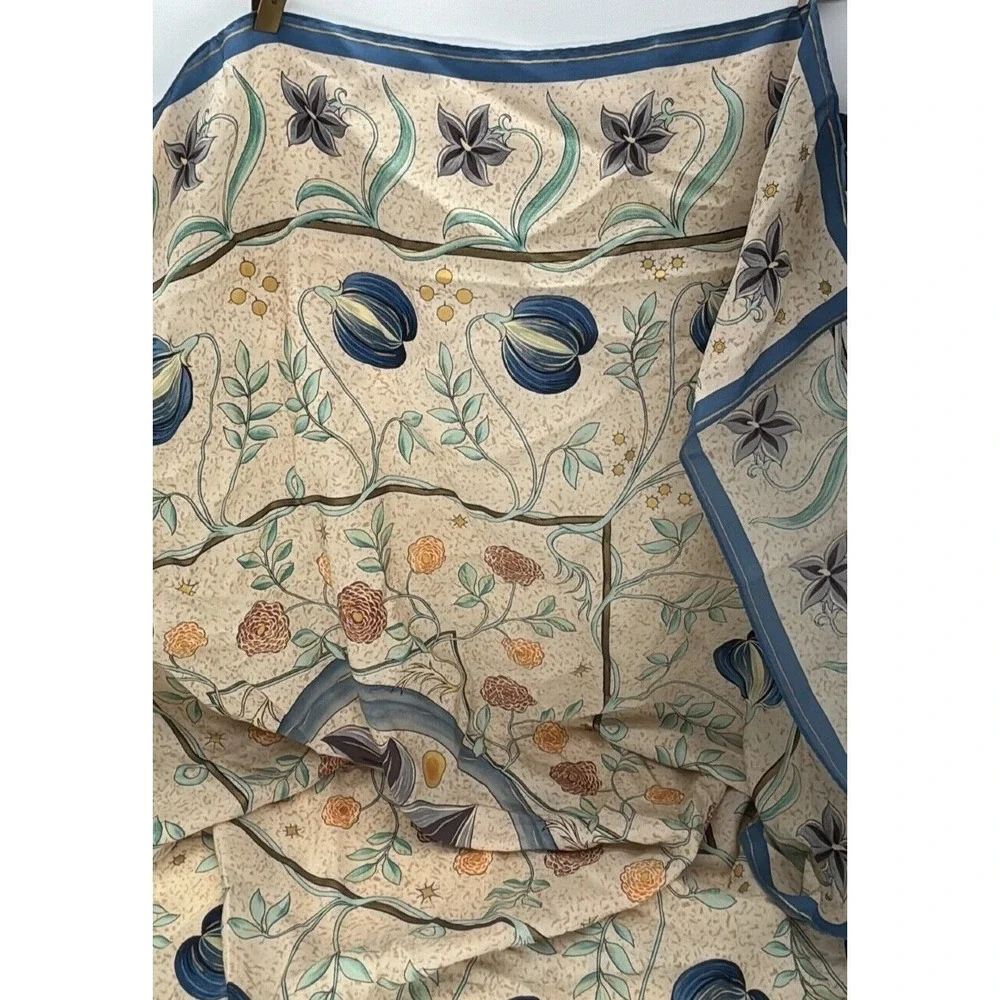 The Morgan Library 100% Silk Scarf Arts and Crafts Floral Blue Cream Square